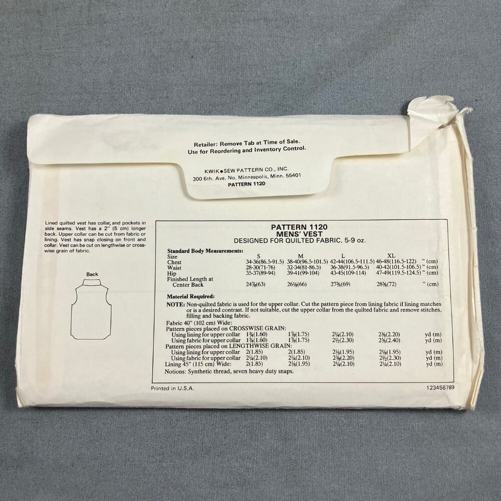 Uncut Kwik Sew Pattern 1120 Mens Vest Sizes S M L XL Collar Pockets Snap Closure - Picture 2 of 2
